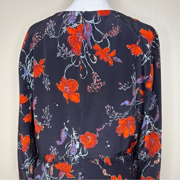 Madewell Navy Blue Windblown Poppies Floral Silk 3/4 Sleeve Ruffle Dress 14 NWT - Picture 9 of 14